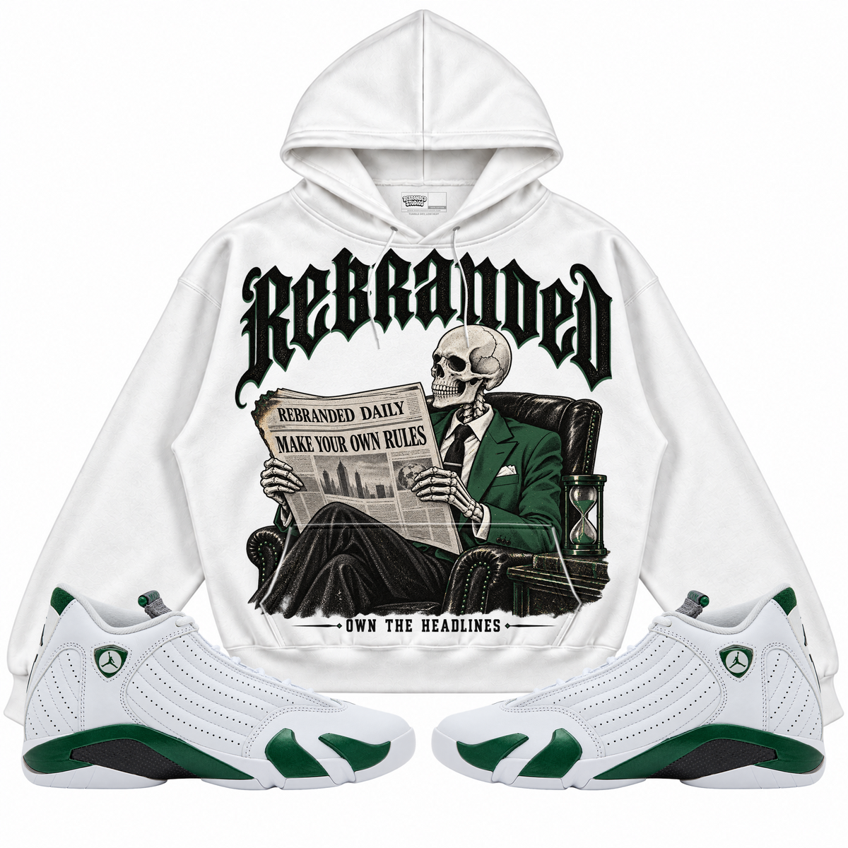Rebranded Studios apparel — front styled with matching sneakers