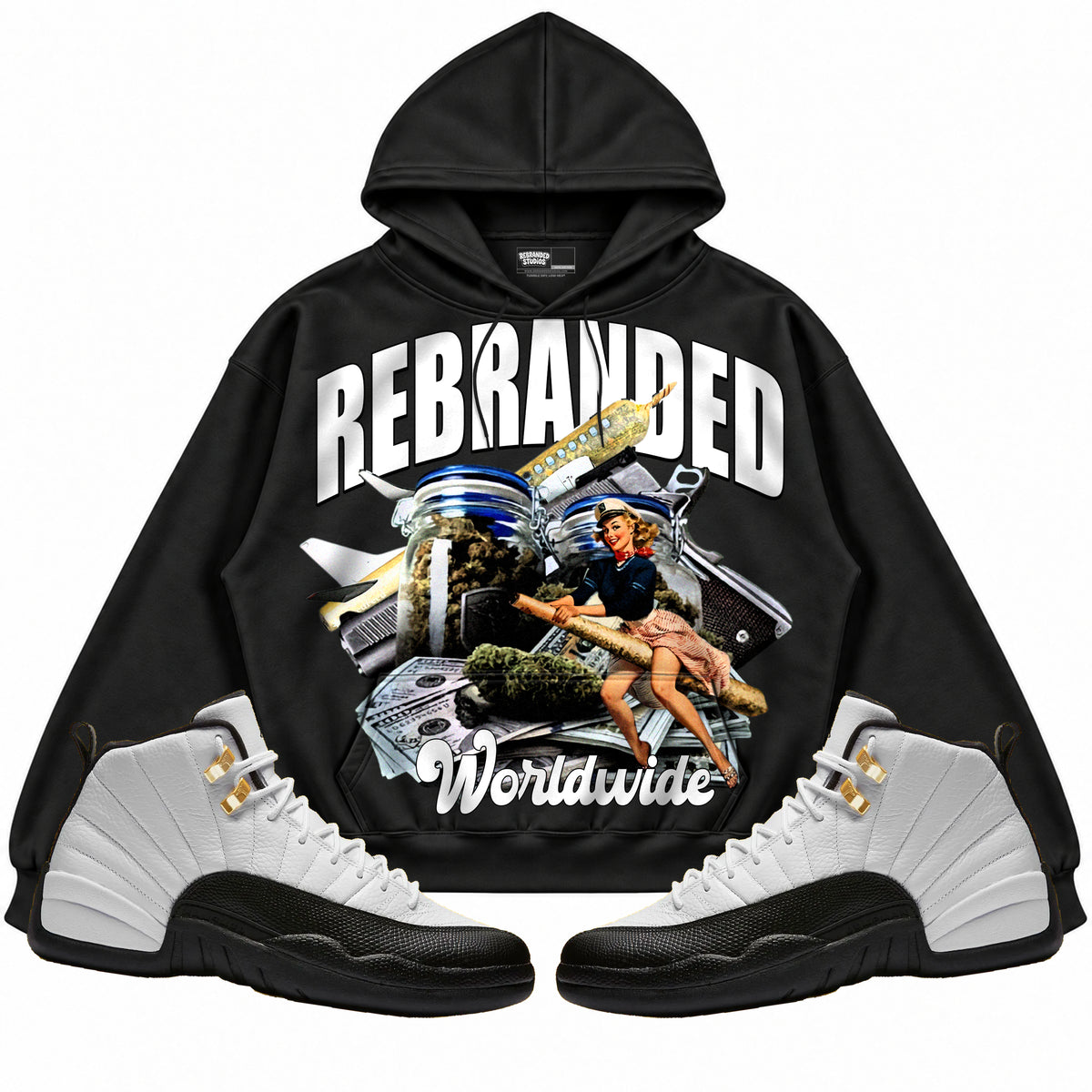 Rebranded Studios apparel — front styled with matching sneakers