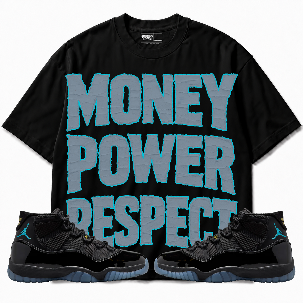 Rebranded Studios apparel — front styled with matching sneakers