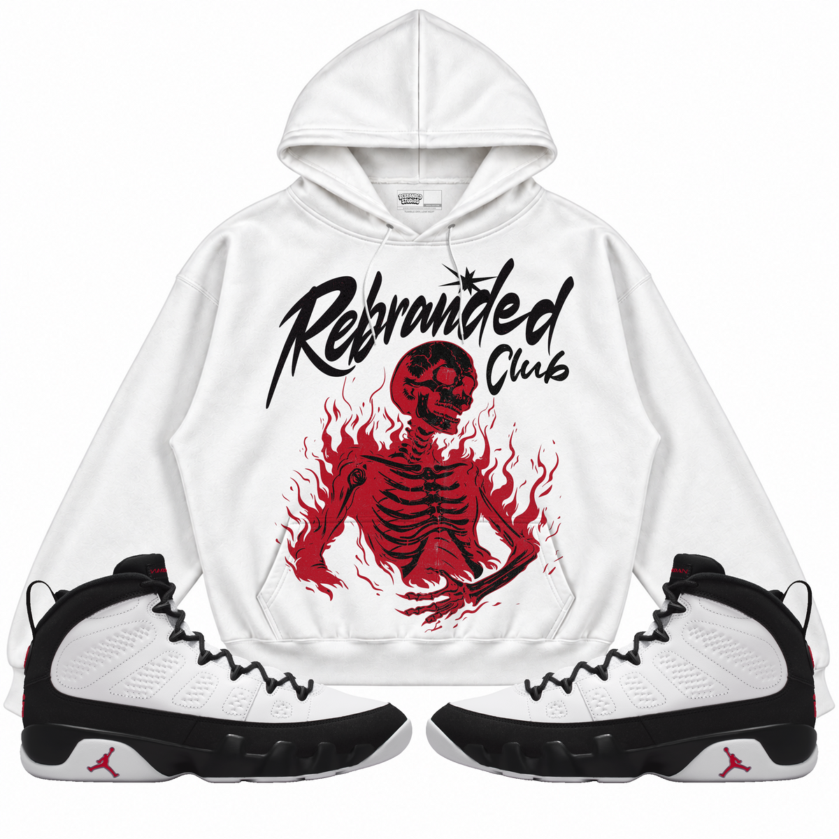 Rebranded Studios apparel — front styled with matching sneakers