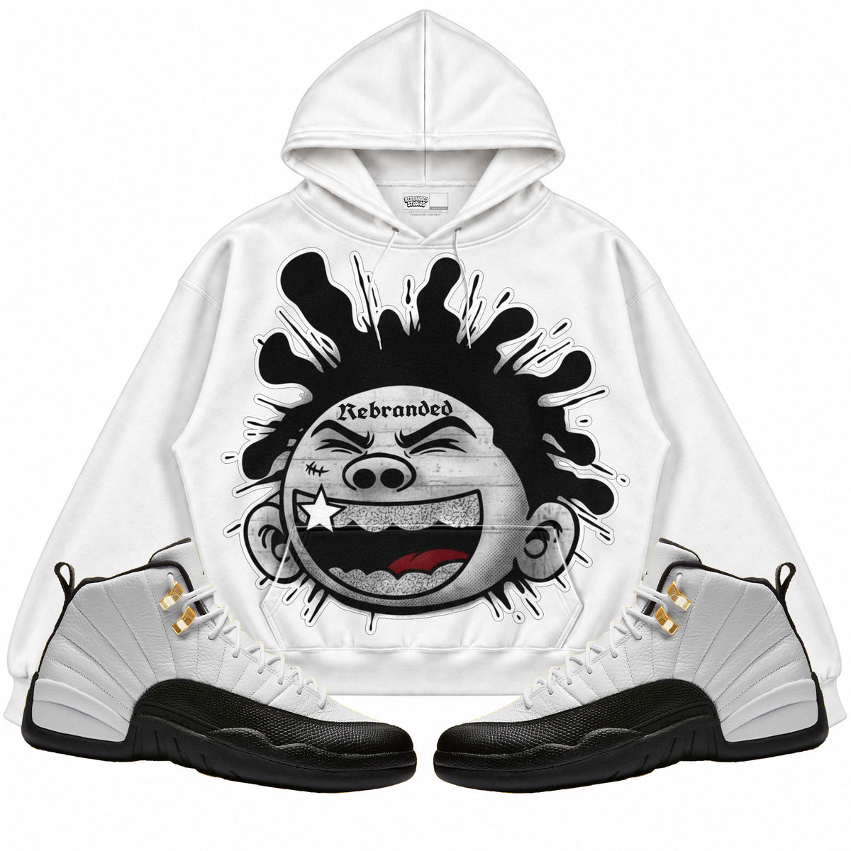 Rebranded Studios apparel — front styled with matching sneakers