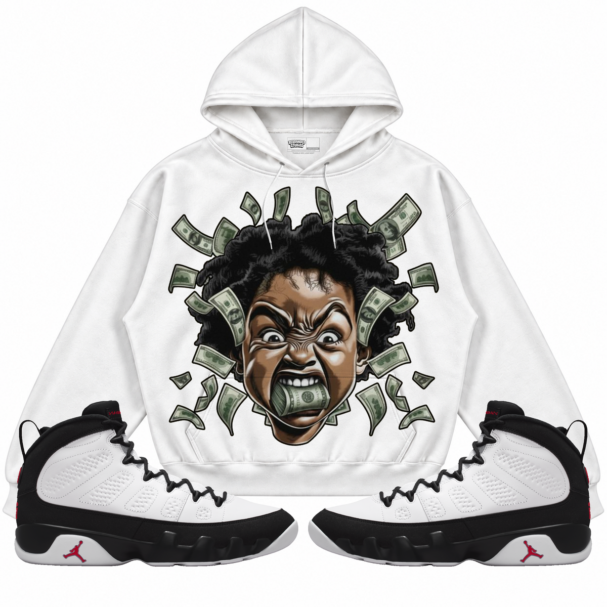 Rebranded Studios apparel — front styled with matching sneakers