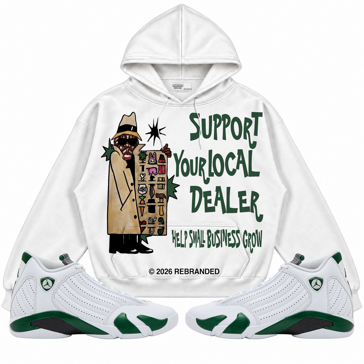 Rebranded Studios apparel — front styled with matching sneakers