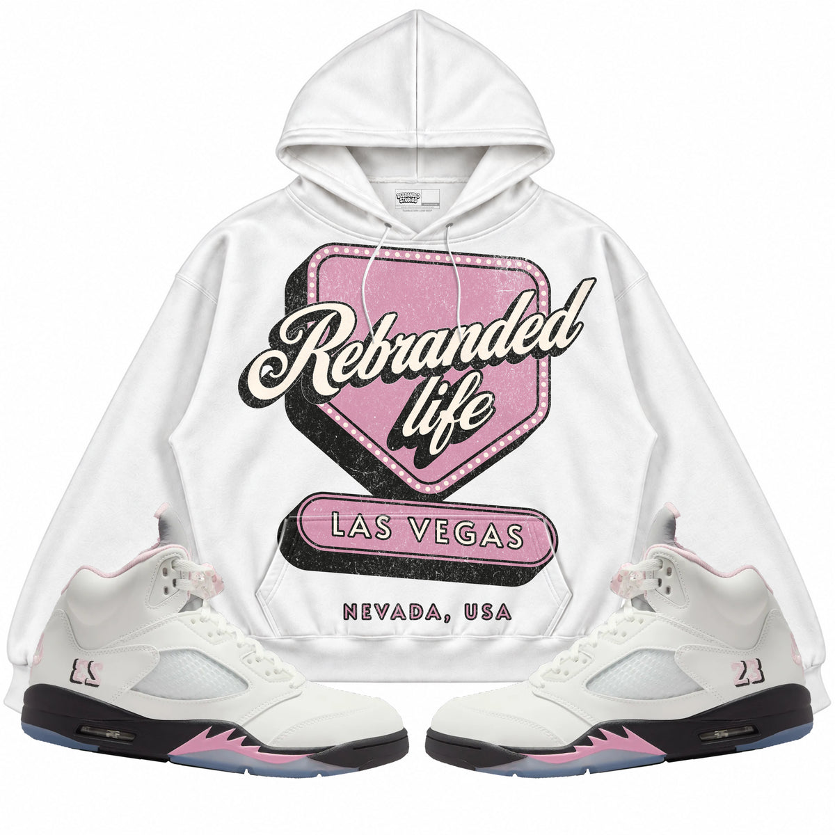 Rebranded Studios apparel — front styled with matching sneakers