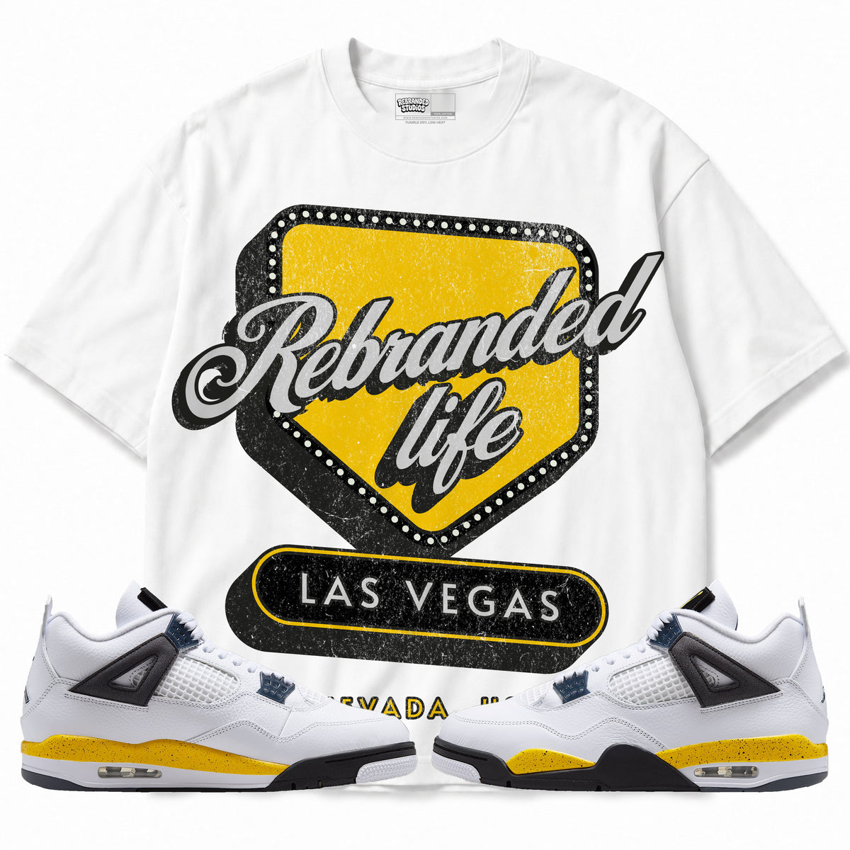 Rebranded Studios apparel — front styled with matching sneakers