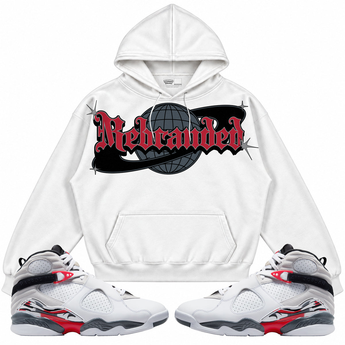 Rebranded Studios apparel — front styled with matching sneakers