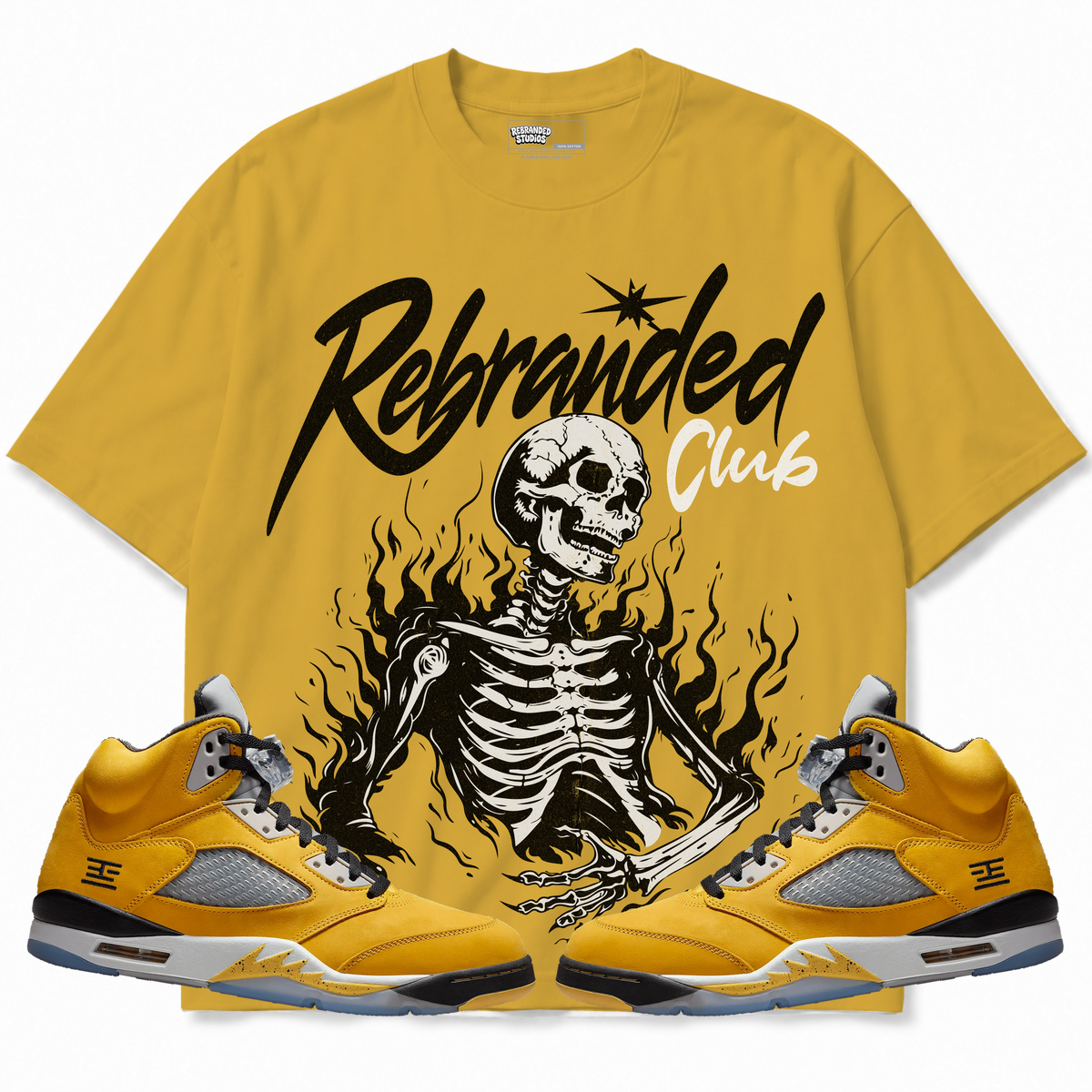 Rebranded Studios apparel — front styled with matching sneakers