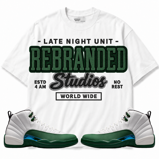 Rebranded Studios apparel — front styled with matching sneakers