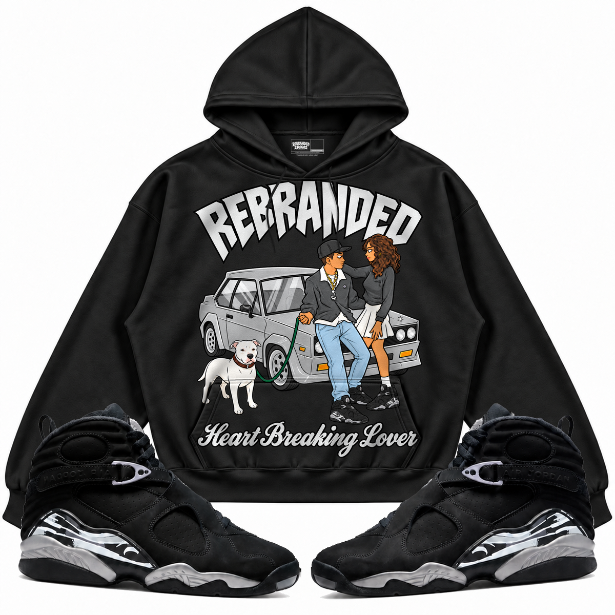 Rebranded Studios apparel — front styled with matching sneakers