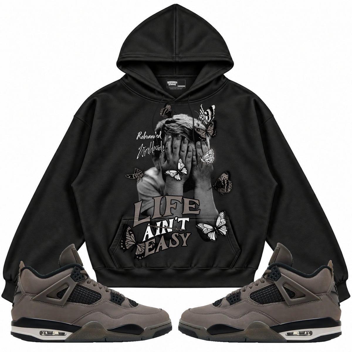 Rebranded Studios apparel — front styled with matching sneakers