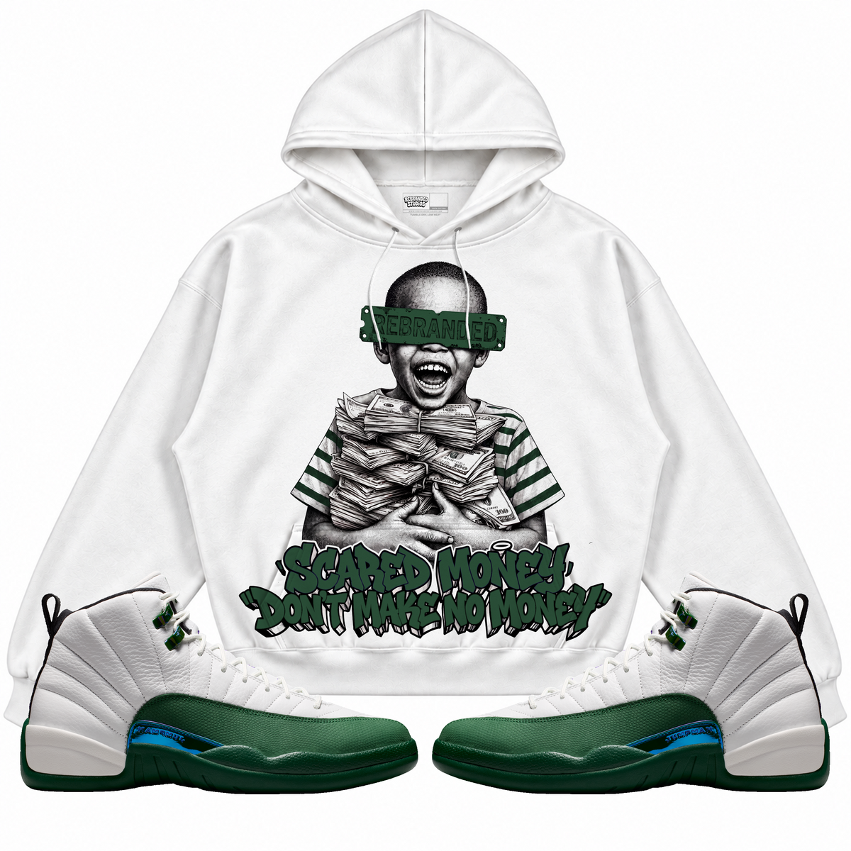 Rebranded Studios apparel — front styled with matching sneakers