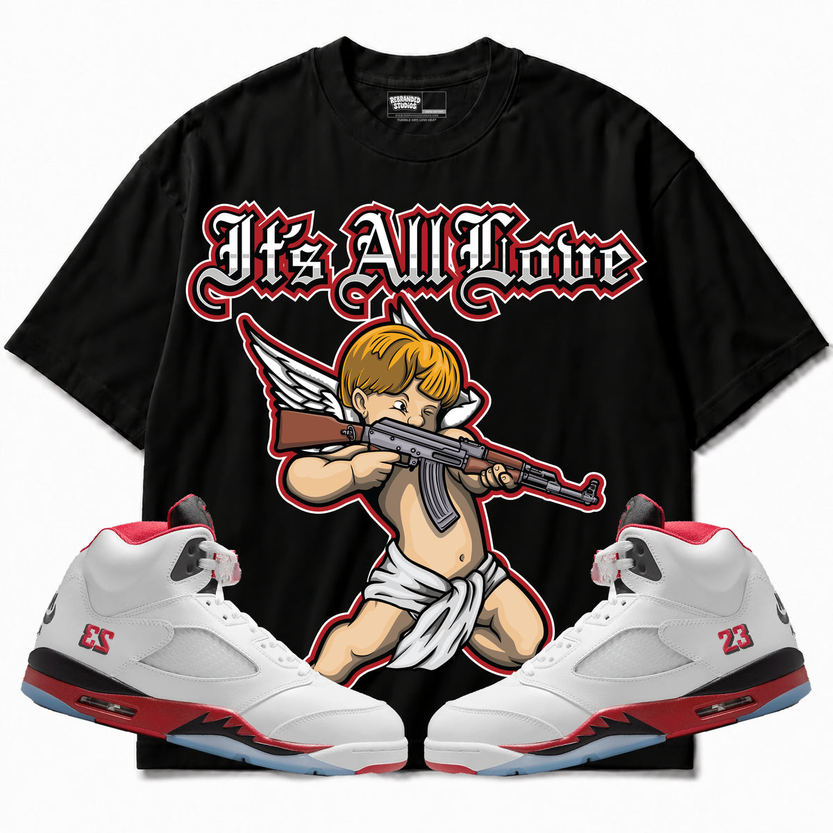 Rebranded Studios apparel — front styled with matching sneakers