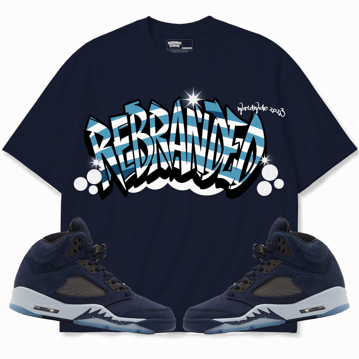Rebranded Studios apparel — front styled with matching sneakers