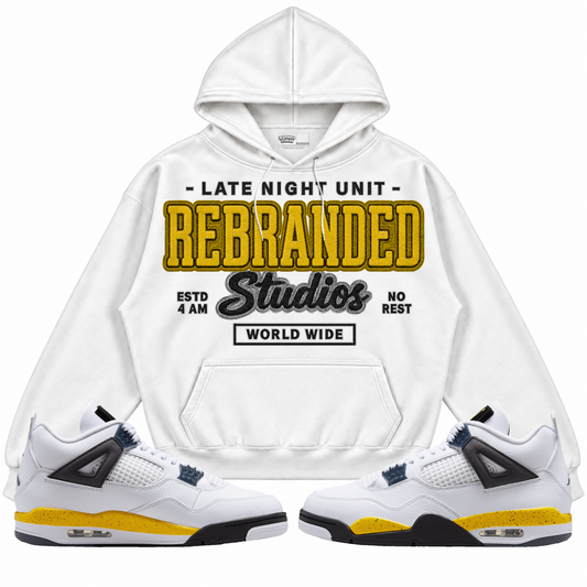 Rebranded Studios apparel — front styled with matching sneakers