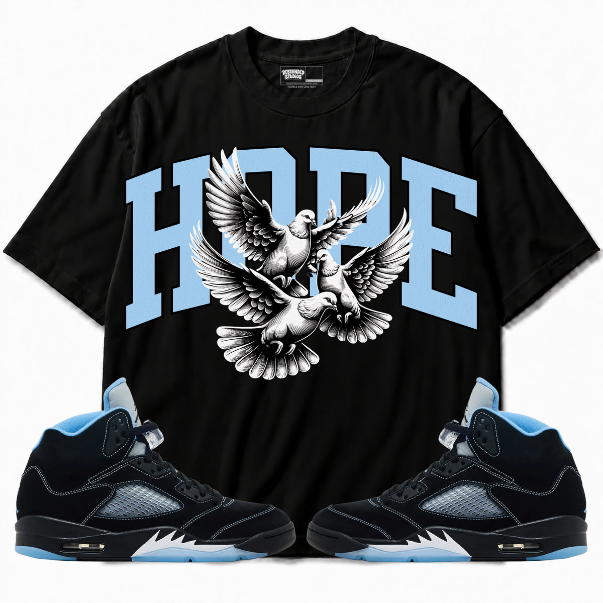 Rebranded Studios apparel — front styled with matching sneakers