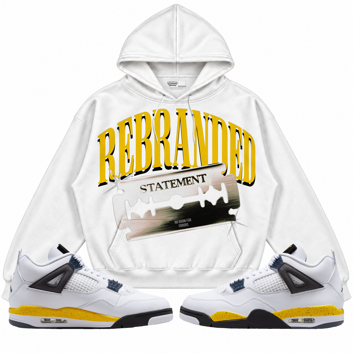 Rebranded Studios apparel — front styled with matching sneakers