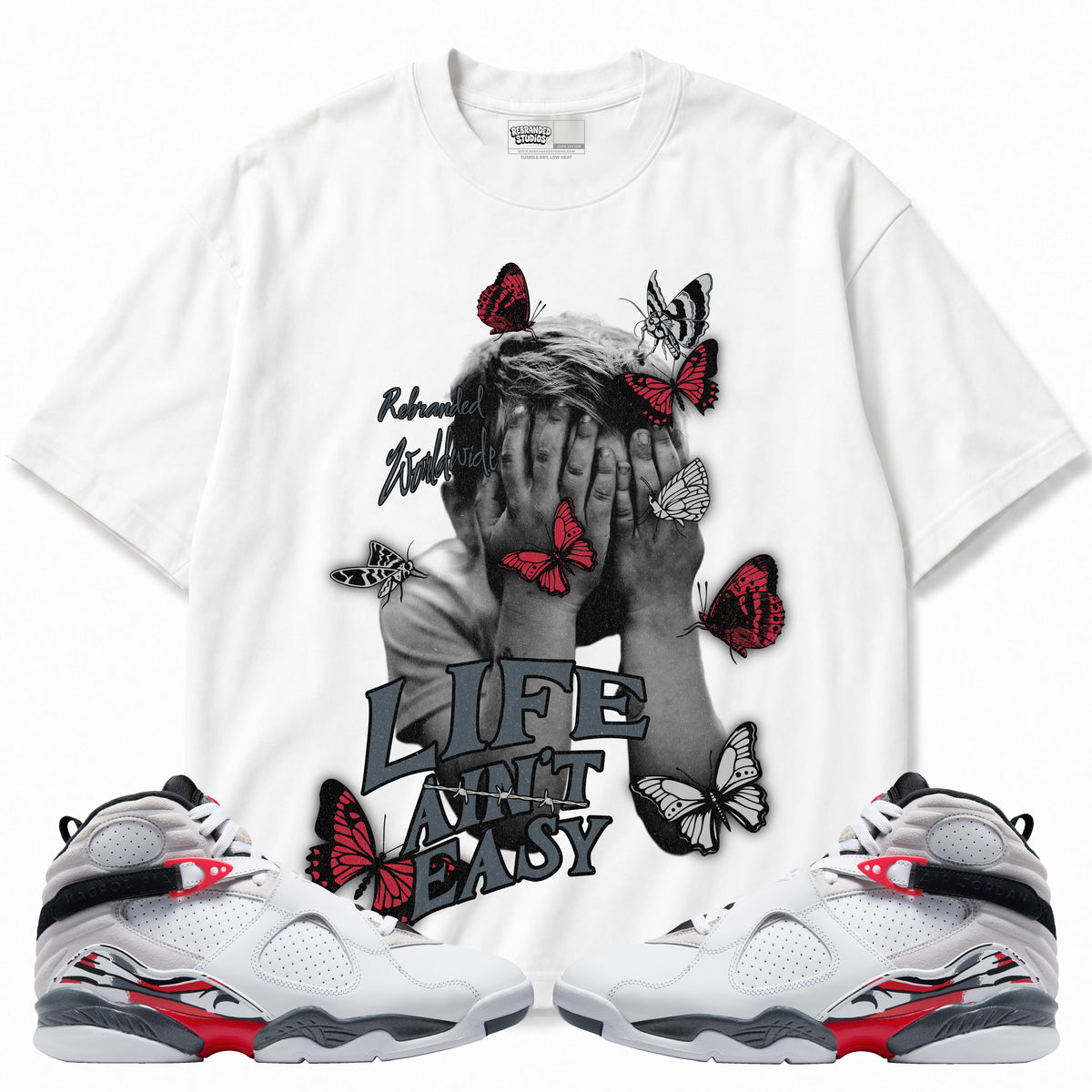 Rebranded Studios apparel — front styled with matching sneakers