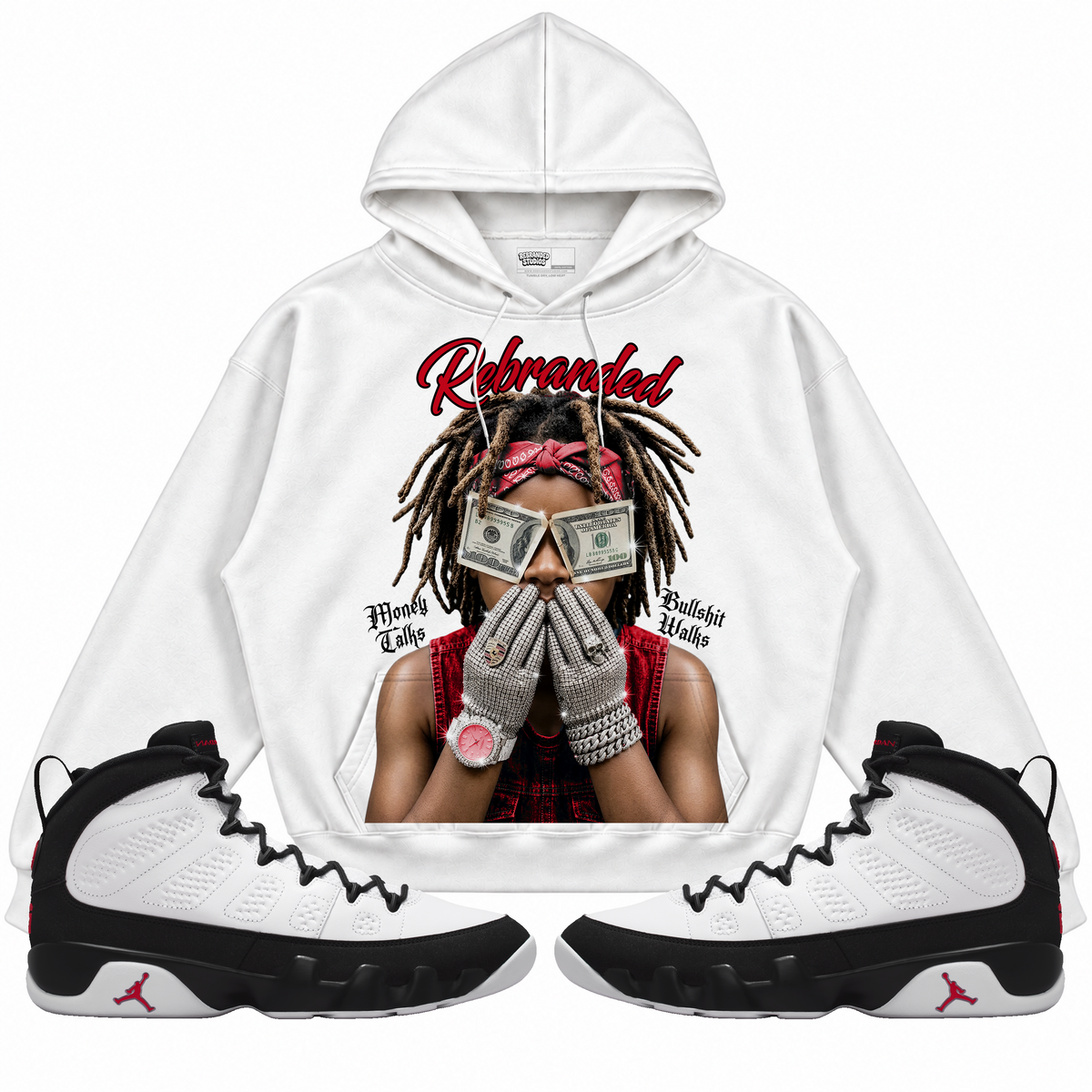 Rebranded Studios apparel — front styled with matching sneakers