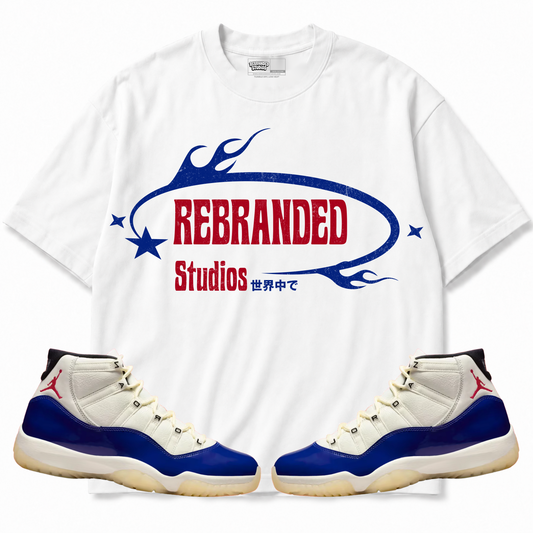 Rebranded Studios apparel — front styled with matching sneakers