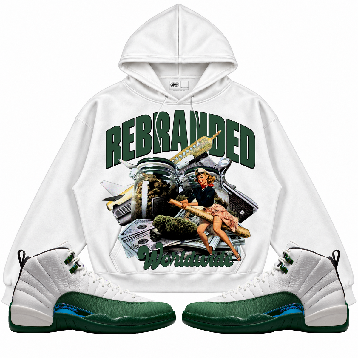 Rebranded Studios apparel — front styled with matching sneakers