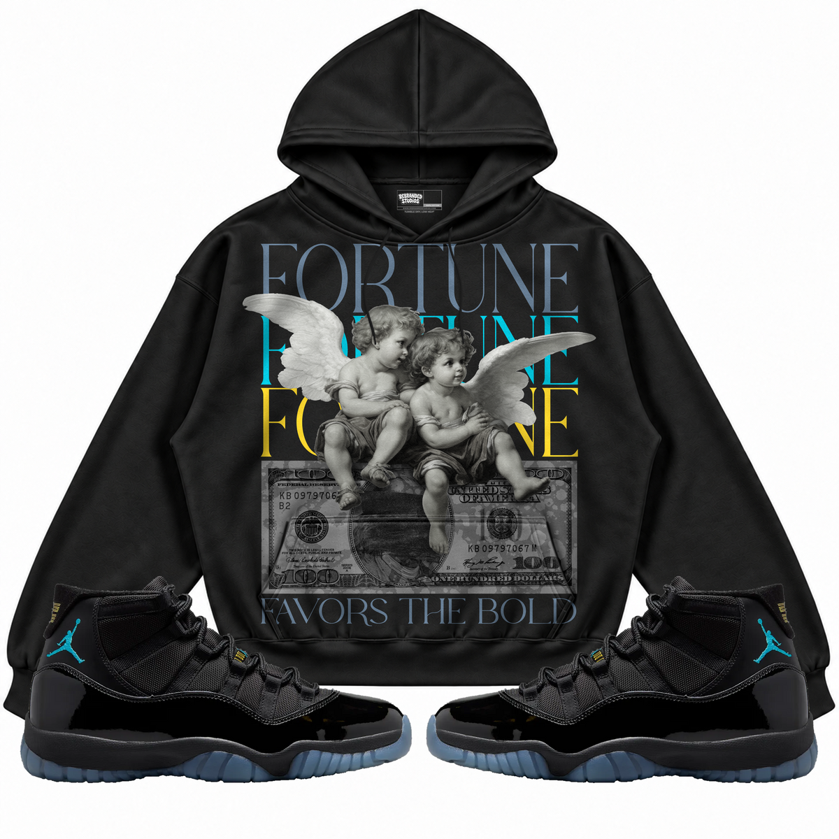 Rebranded Studios apparel — front styled with matching sneakers