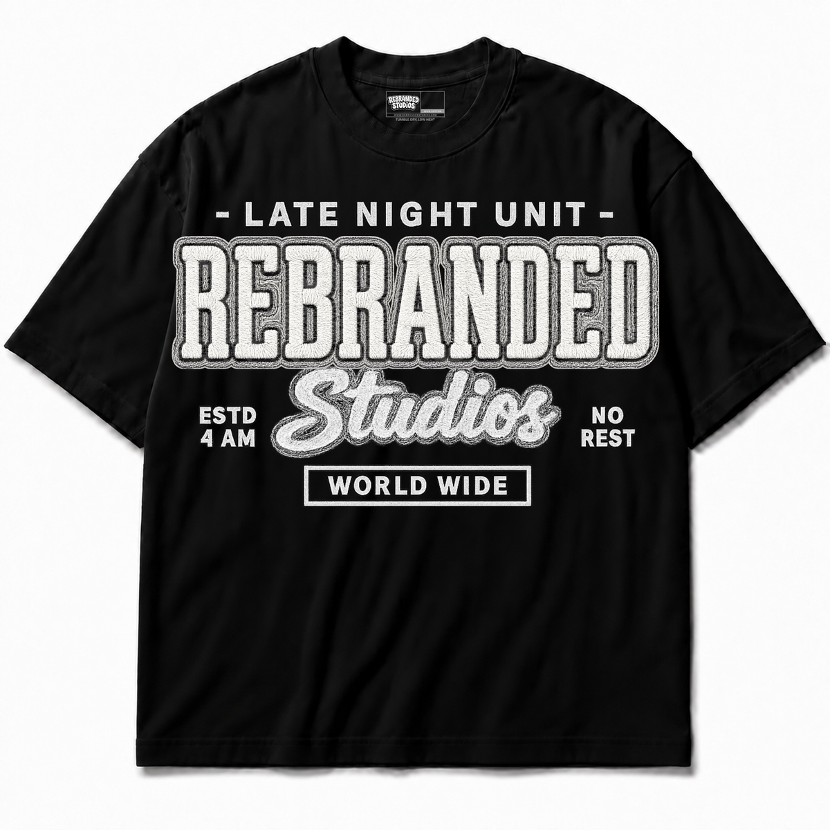 Rebranded Studios apparel — front without sneakers