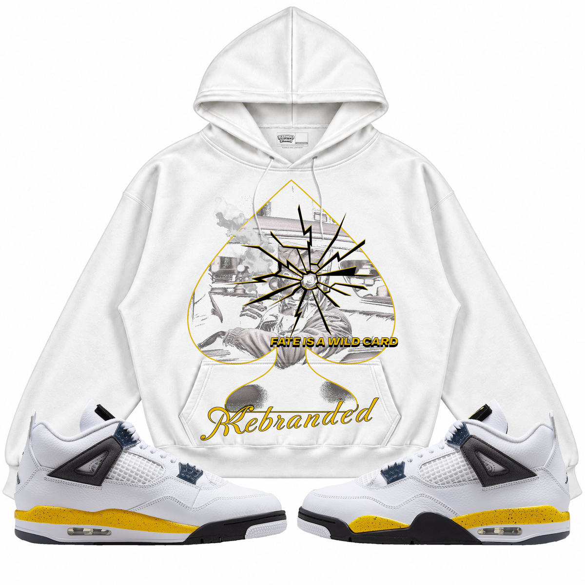 Rebranded Studios apparel — front styled with matching sneakers