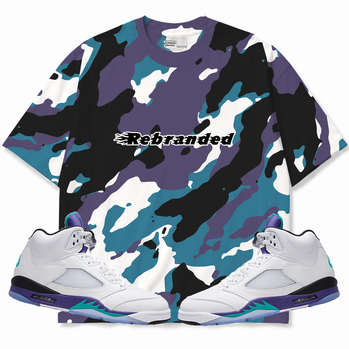 Rebranded Studios apparel — front styled with matching sneakers
