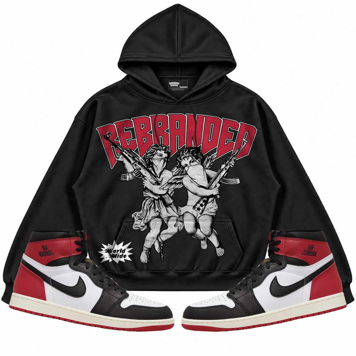 Rebranded Studios apparel — front styled with matching sneakers