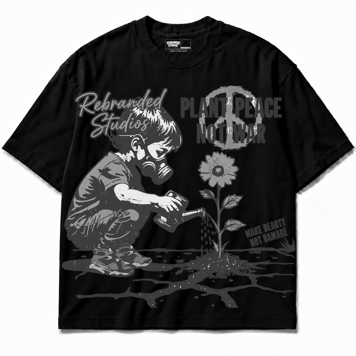 Rebranded Studios Plant Peace Chrome 8 tee — clean front — approved cartoon artwork