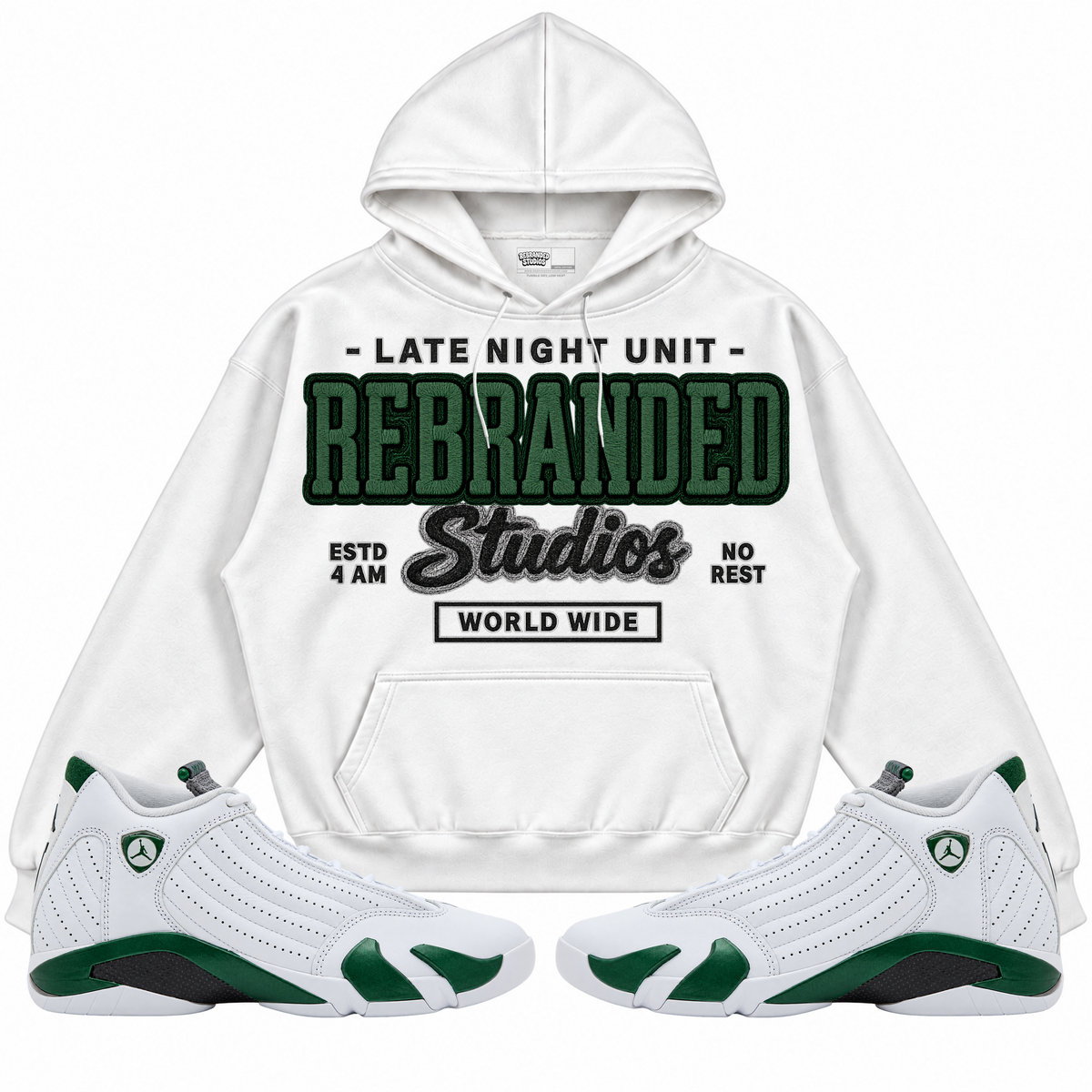 Rebranded Studios apparel — front styled with matching sneakers