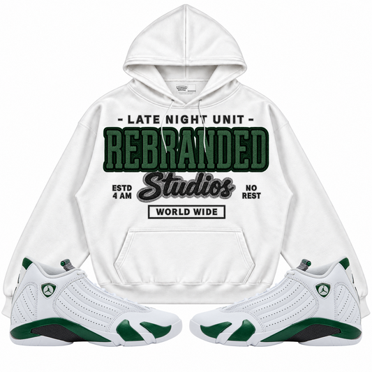 Rebranded Studios apparel — front styled with matching sneakers