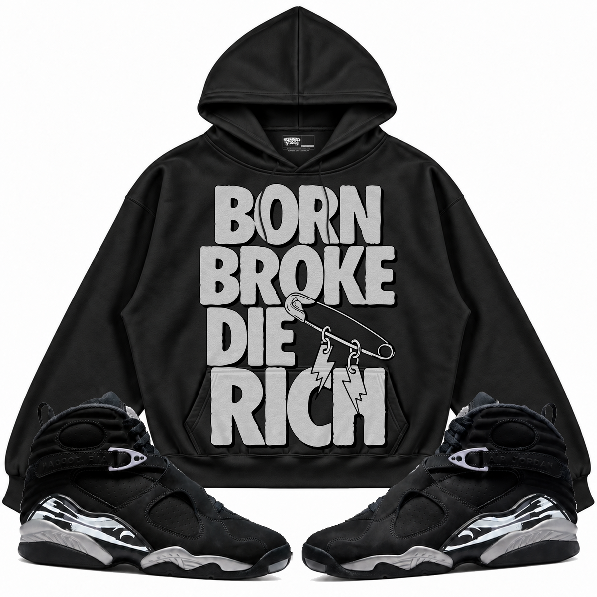 Rebranded Studios apparel — front styled with matching sneakers