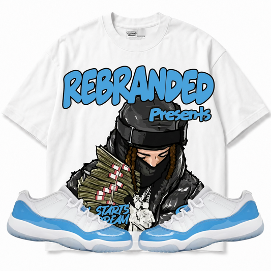 Rebranded Studios apparel — front styled with matching sneakers