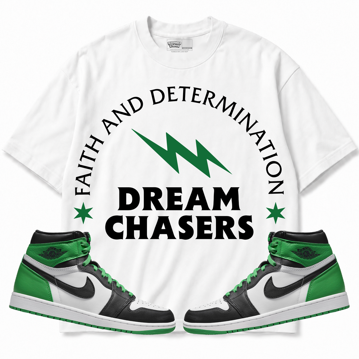 Rebranded Studios apparel — front styled with matching sneakers