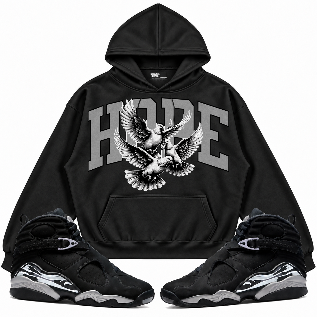Rebranded Studios apparel — front styled with matching sneakers