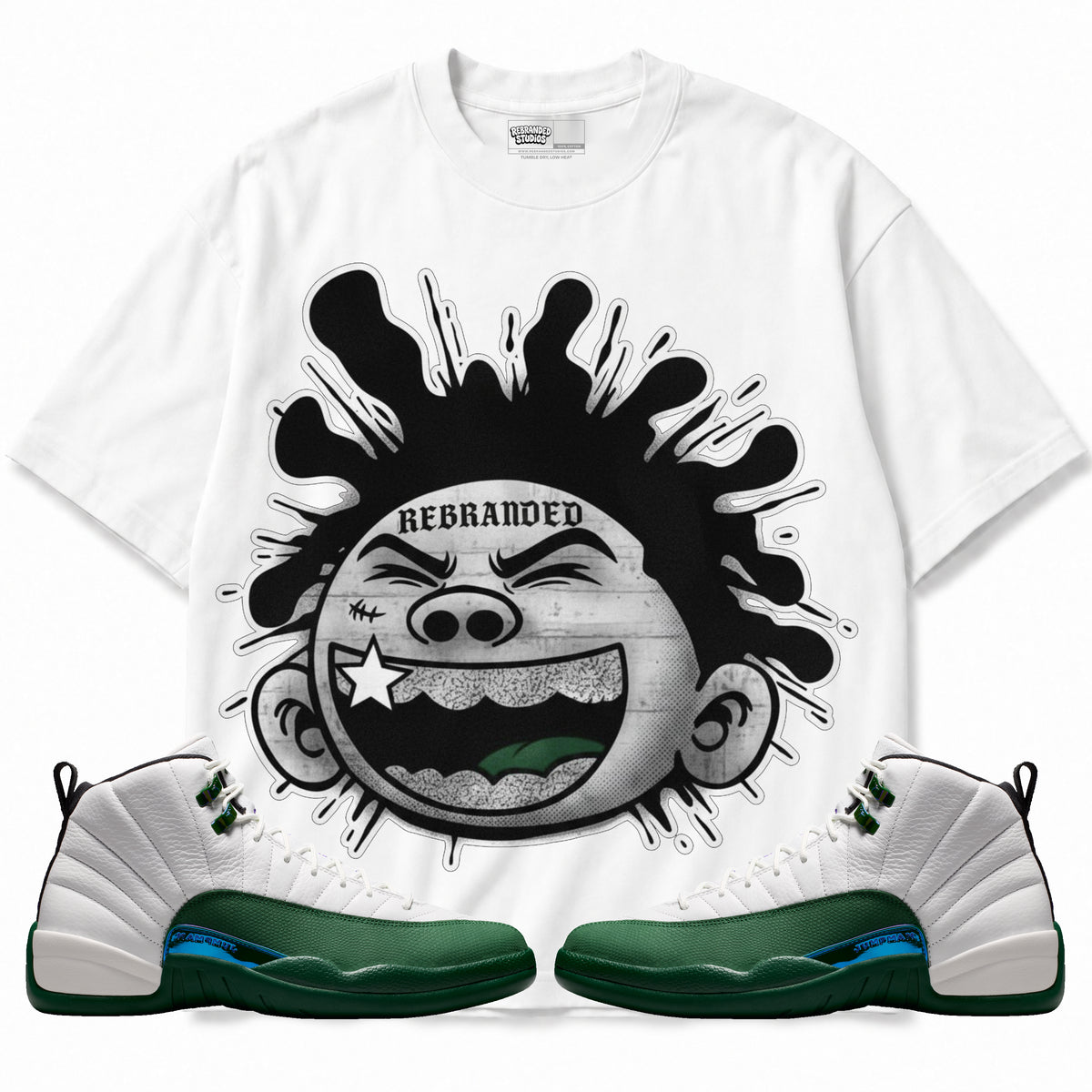 Rebranded Studios apparel — front styled with matching sneakers