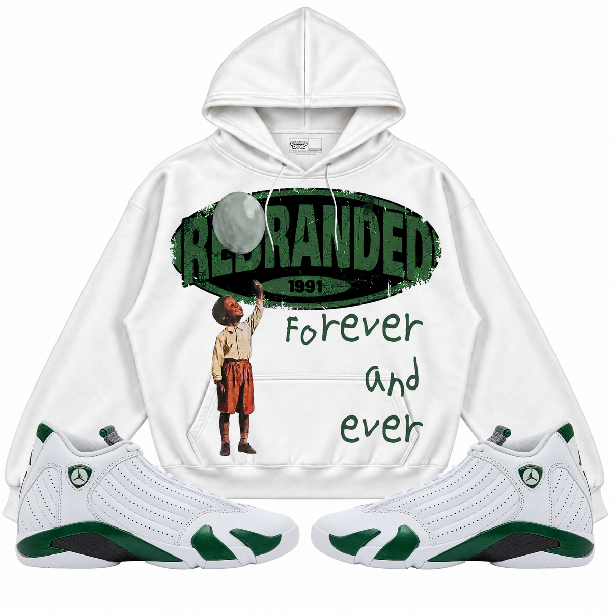 Rebranded Studios apparel — front styled with matching sneakers