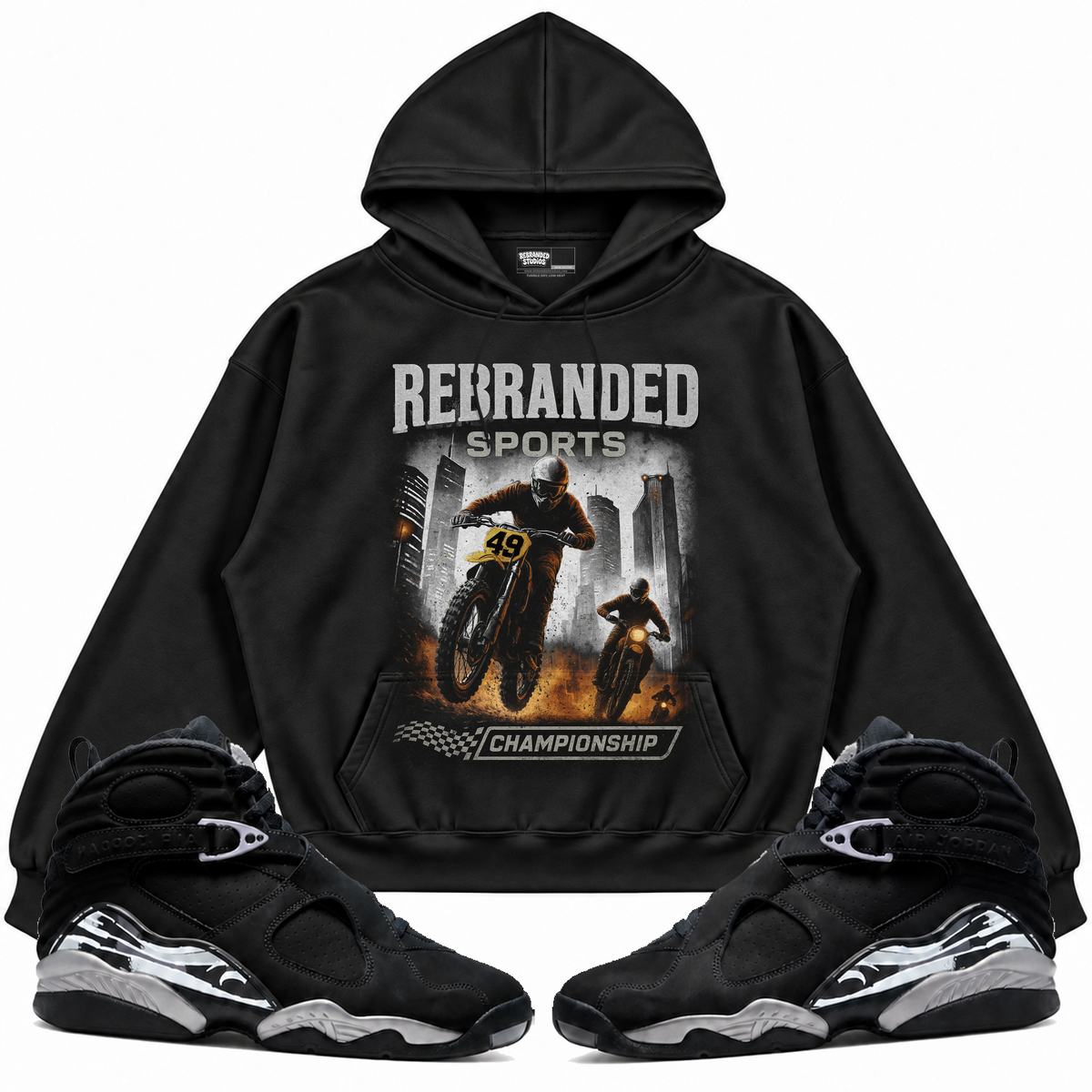 Rebranded Studios apparel — front styled with matching sneakers