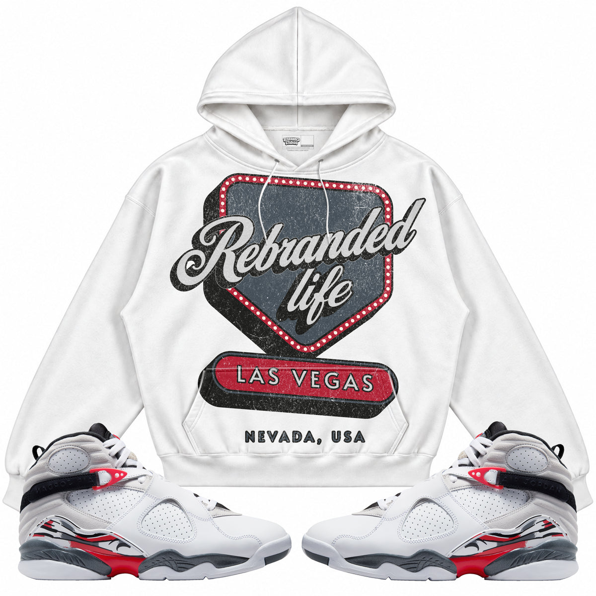 Rebranded Studios apparel — front styled with matching sneakers