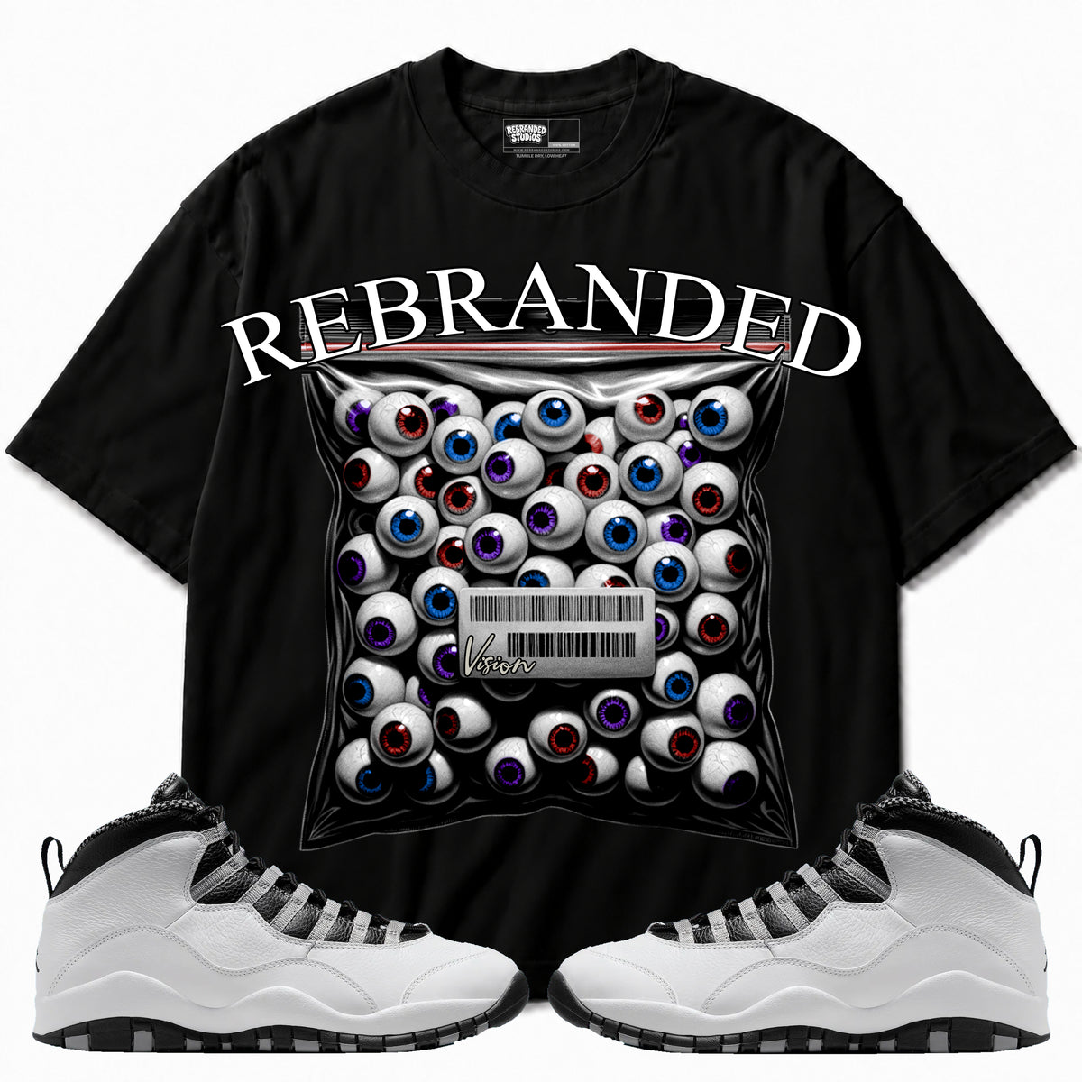 Rebranded Studios apparel — front styled with matching sneakers