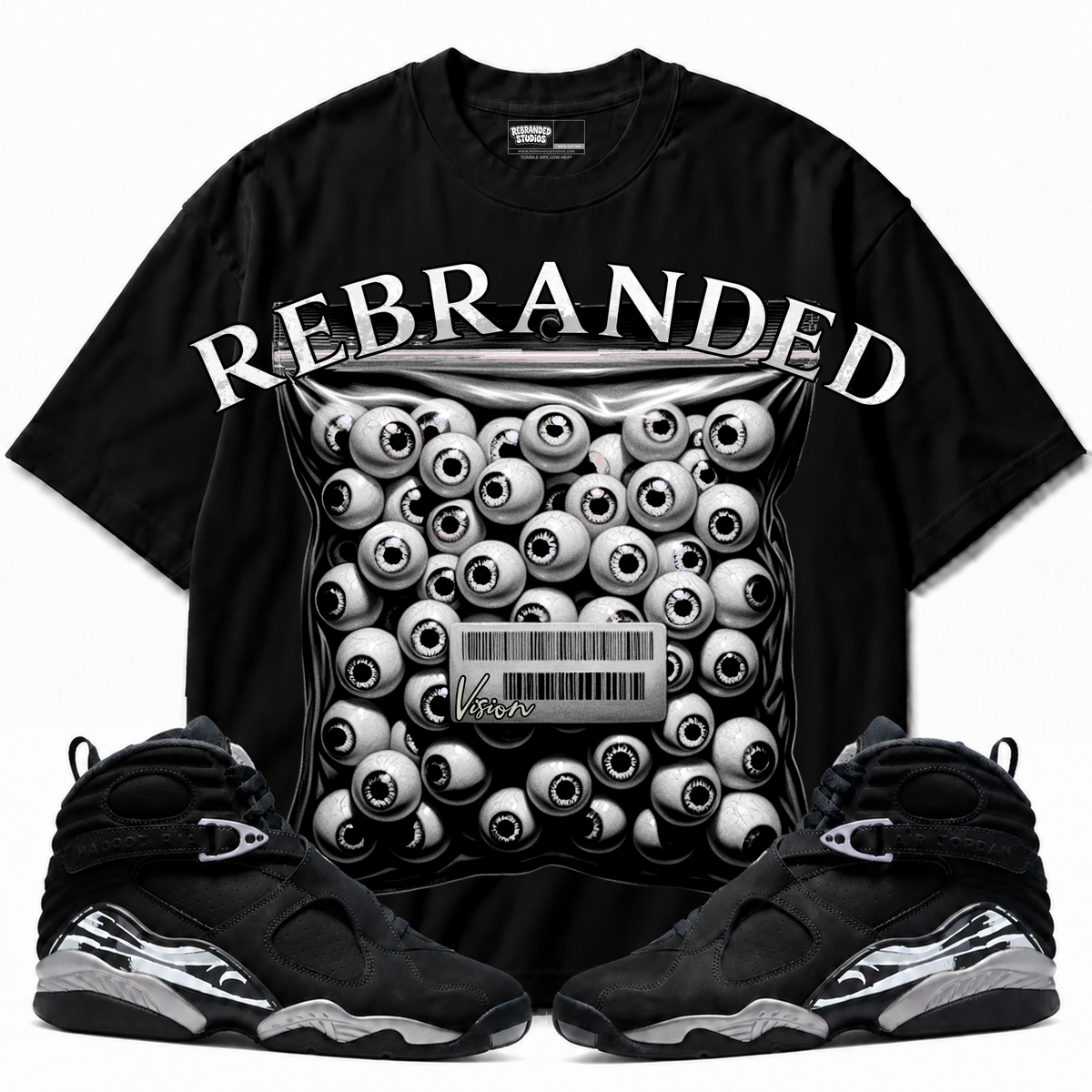 Rebranded Studios apparel — front styled with matching sneakers