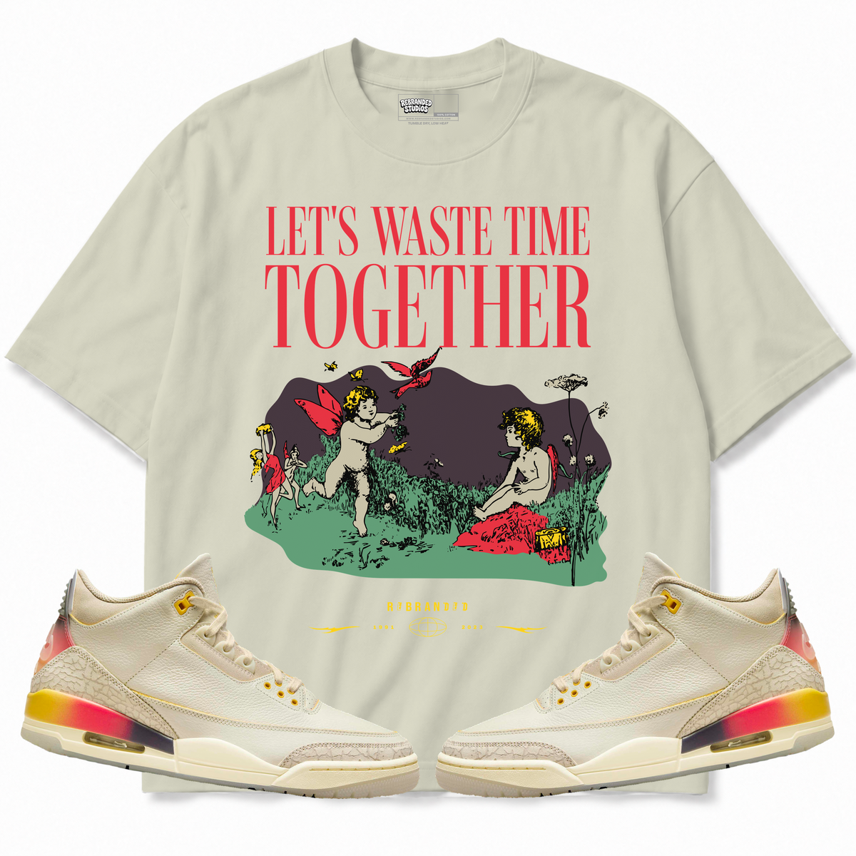 Rebranded Studios apparel — front styled with matching sneakers