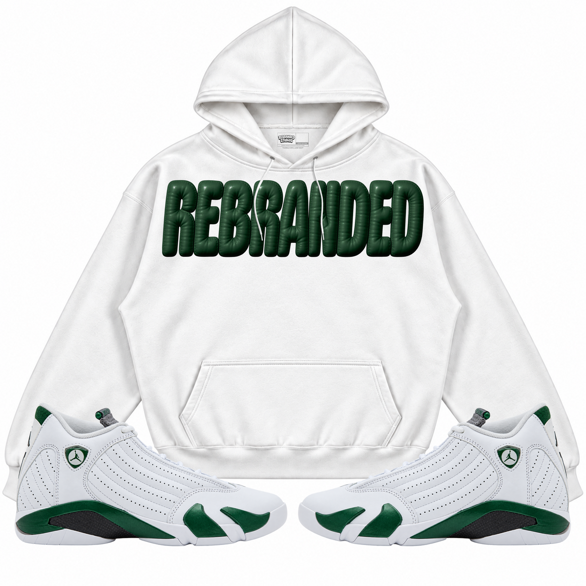 Rebranded Studios apparel — front styled with matching sneakers