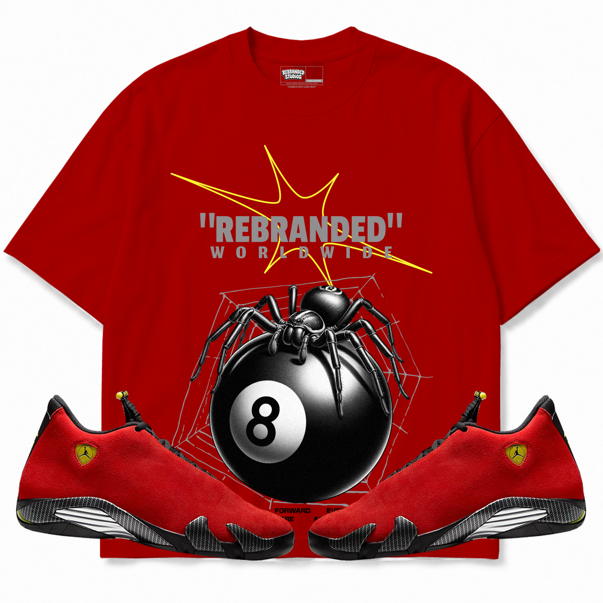Rebranded Studios apparel — front styled with matching sneakers