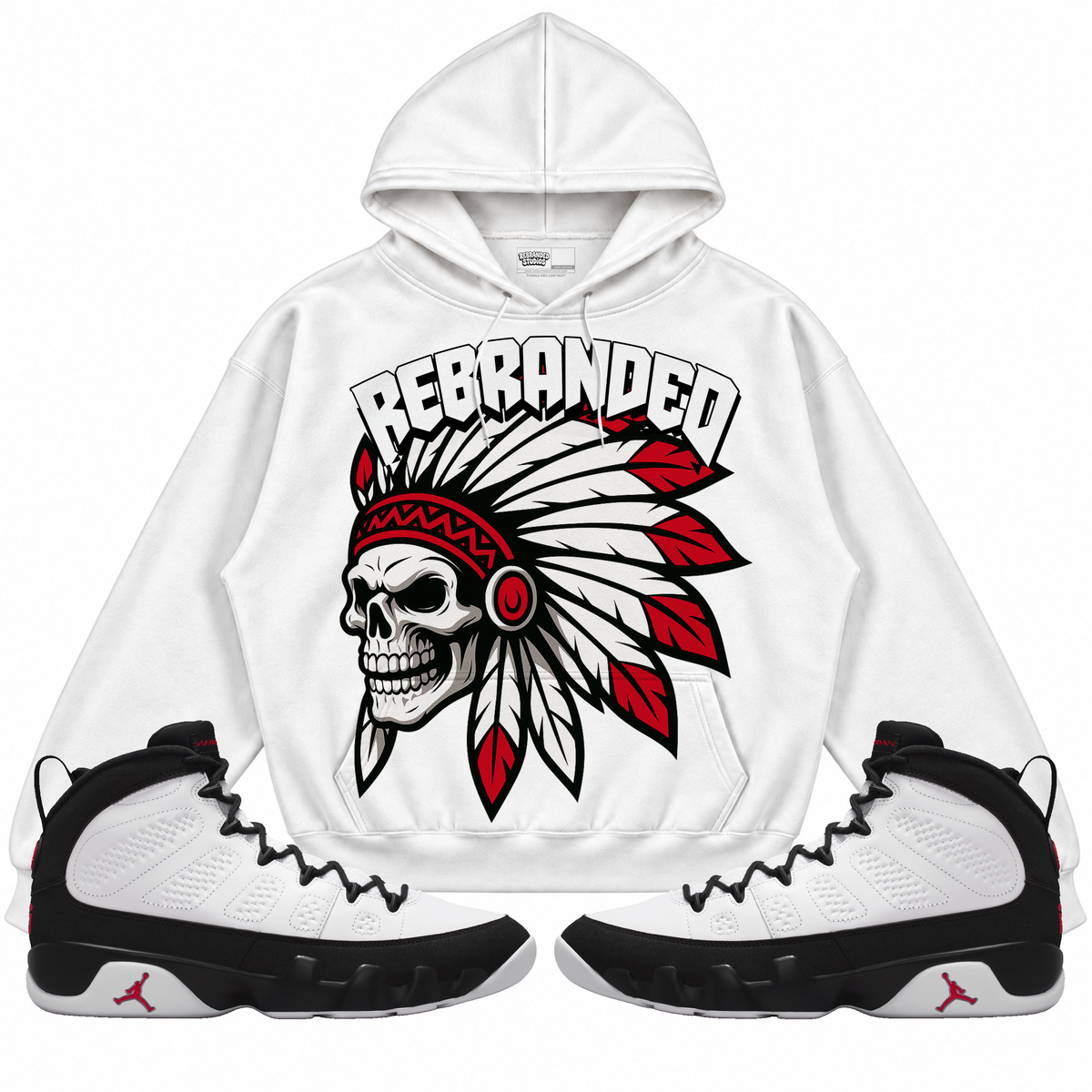 Rebranded Studios apparel — front styled with matching sneakers