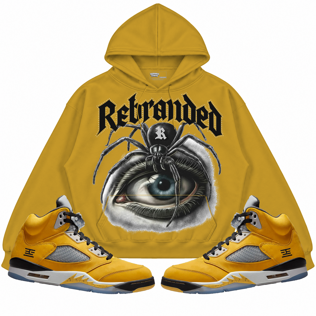Rebranded Studios apparel — front styled with matching sneakers