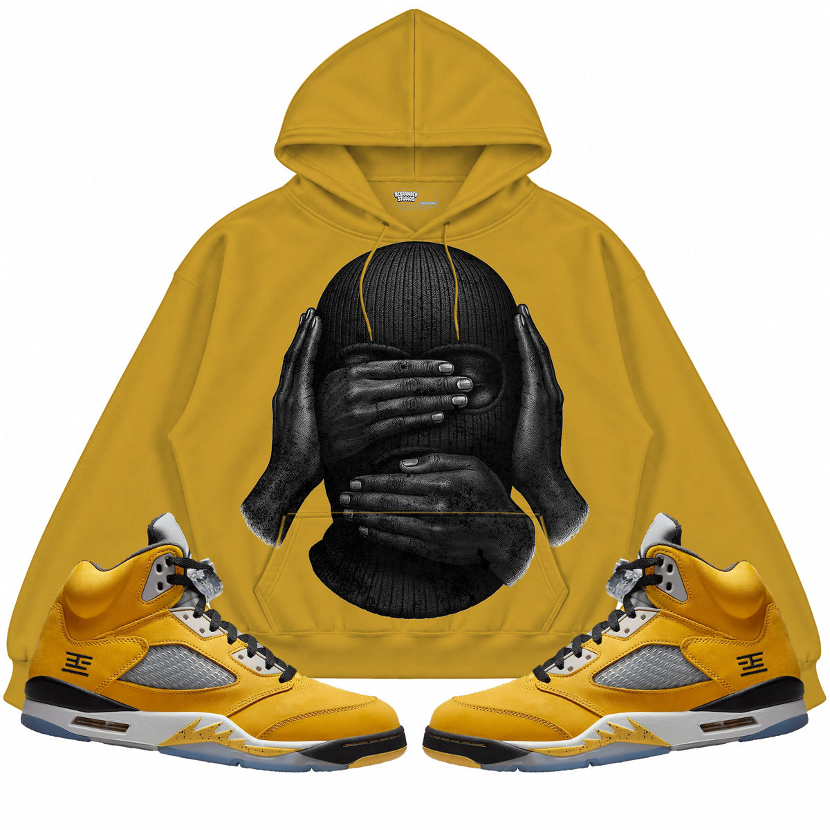 Rebranded Studios apparel — front styled with matching sneakers