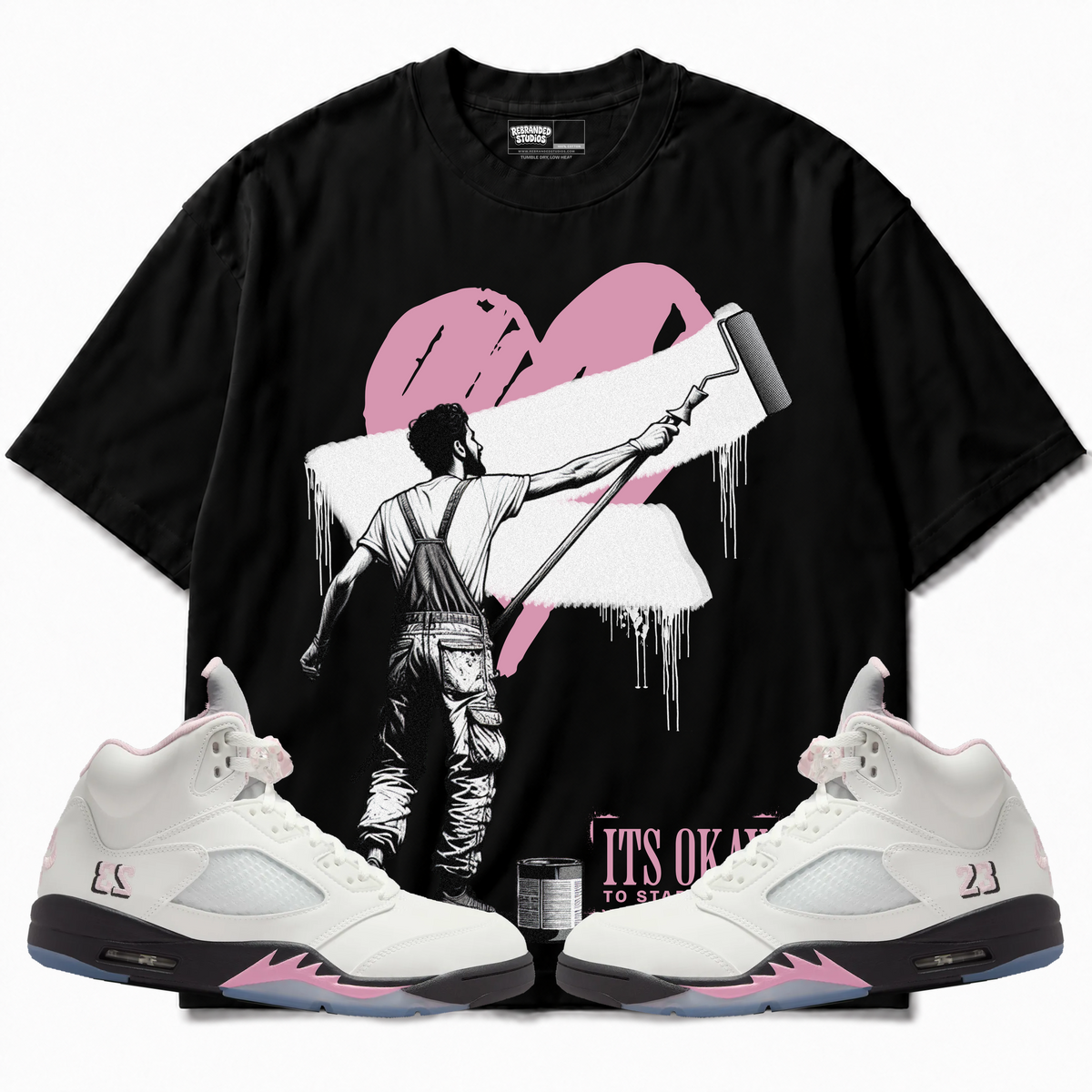 Rebranded Studios apparel — front styled with matching sneakers