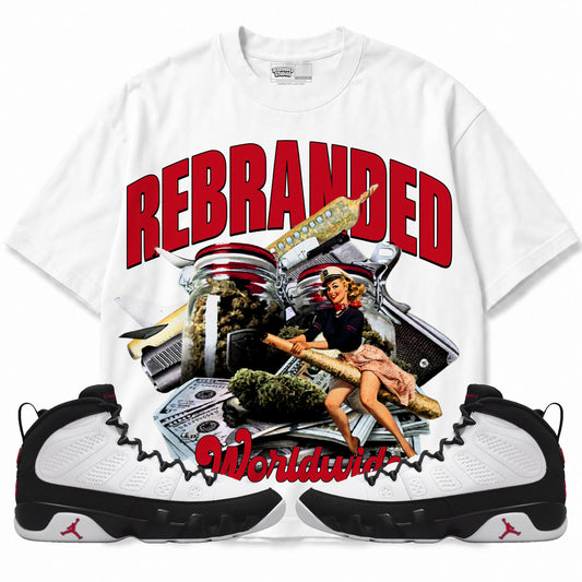 Rebranded Studios apparel — front styled with matching sneakers